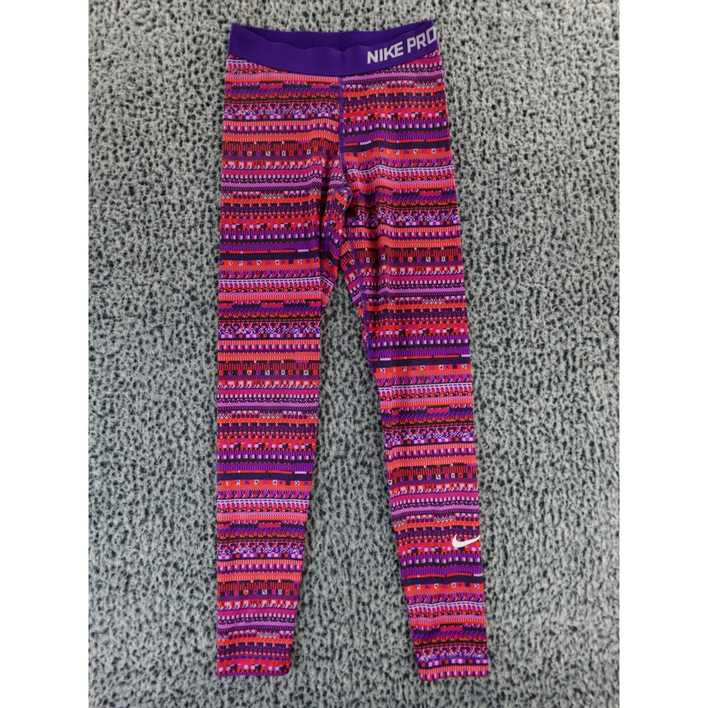 Nike Pro Dri Fit Girls Leggings Geometric Print Purple Orange Pink Size S